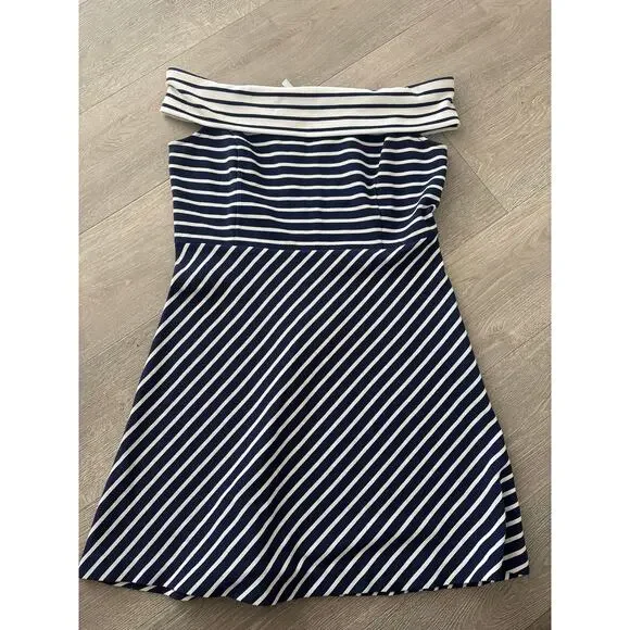 NWT Vineyard Vines Off the Shoulder Mix Stripe Dress Size Large Blue White - Picture 2 of 6